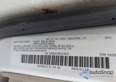 2008 Subaru Legacy 2.5I from USA, damaged, VIN 4S3BL616987216972